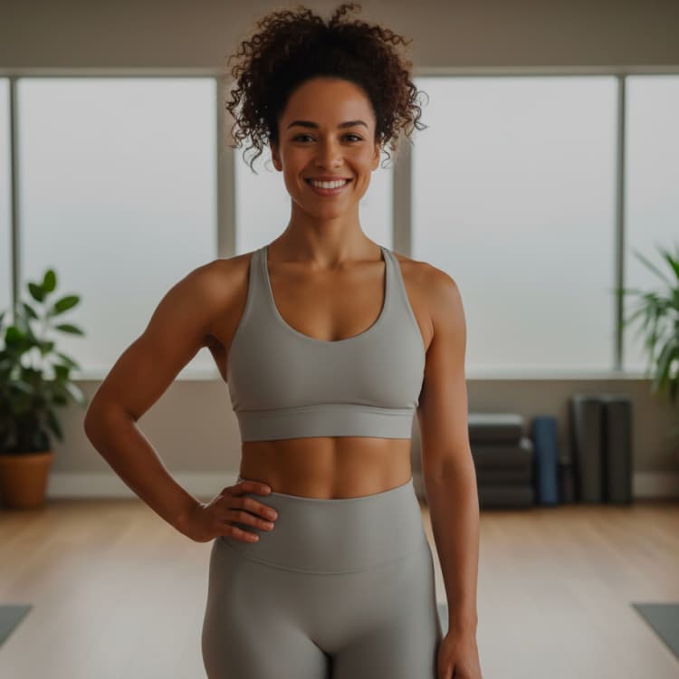 Smiling woman with curly hair in grey activewear in a bright studio