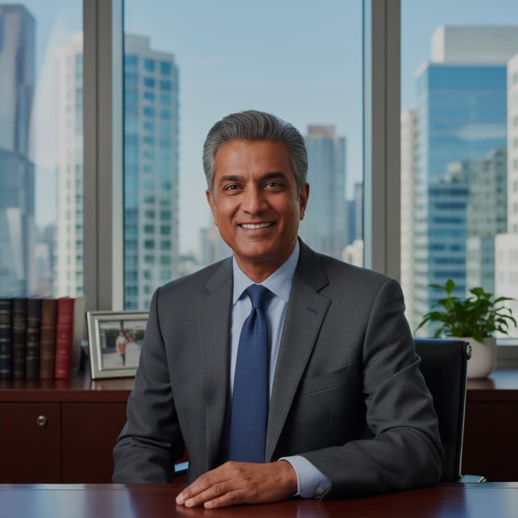 Smiling man with greying hair in a suit at a desk in a city office