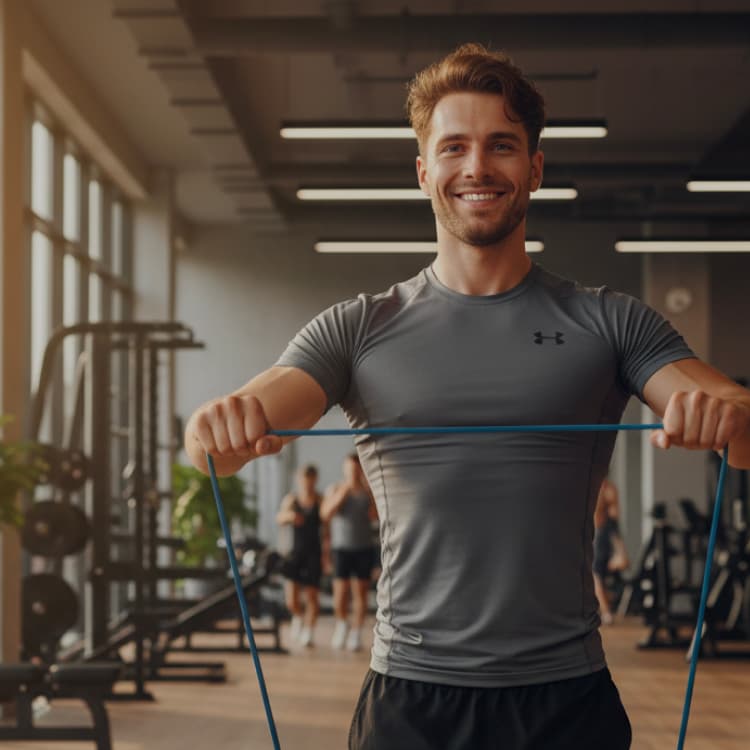 Man smiling in a gym while stretching a resistance band