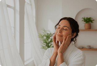 Woman resting her hands on her face beside a sunlit window