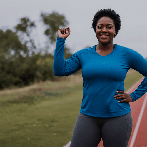 Woman in a blue training top raising her fist on an outdoor track